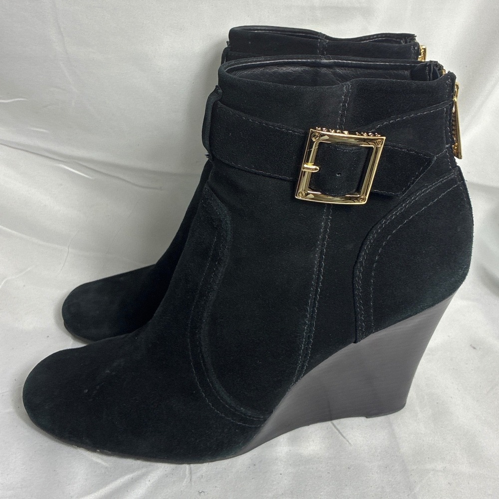 Tory Burch Deanna Black Suede Wedge Booties Gold Buckle Ankle‎ Boots 10.5 M